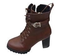 Brown Ladies Casual Trendy Belt Accent High Heel Thick Sole Large Measurements Fall and Winter Style Cozy Chunky Heel Short Boots for Outdoor Wear