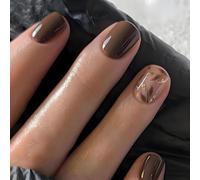 Brown Leaf Acrylic Press On Nails With Gold Accent - Short Round False Nails Set For Autumn Seasonal Manicure, Glossy Finish For Women, Natural Pattern Design For Easy Application