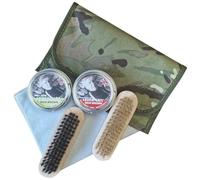 Brown Leather Boot Care Kit - 1x 50ml Leder Glos, 1x 50ml Leder Gris Wax, 2x Superior Brushes, 1x Large Woly Cloth, 1x Heavy-Duty Camouflage Tactical Pouch