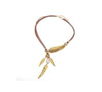 (brown leather cord) Feather & Leaf Multi-Layer Tassel Necklace Rhinestone-Accented Leather Choker and Sweater Chain