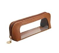 Brown Leather Makeup Bag with Clear Window - Small Cosmetic Case for Travel, Organizes Brushes, Pens & Beauty Tools in Compact Pouch, Textured Faux Leather, Gold Zipper, Rounded Ends, Portable Storage