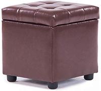 Brown Leather Ottoman Foot Stool Upholstered Cube Pouf Footrest Solid Wood Square Bench for Living Room Coffee Table 14x14x14 inch (35x35x35 cm)