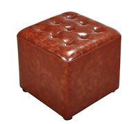 Brown Leather Pouf Cube - Upholstered Footrest Square Wooden Coffee Table Small Bench 40x40x35cm (16x16x14 inches) - Stylish Home Décor Addition