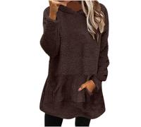 Brown Long Hoodies for Women UK, Teddy Fleece Hoodie Womens Tunic Jumpers, Ladies Fluffy Hoodies Long Sleeve Tops Hooded Sweatshirt with Pocket, Pullover Baggy Jumpers Winter Thermal Tops L
