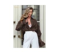 (Brown, M) Clacive Fashion Loose Pink Office Women's Blouse Elegant Lapel Long Sleeve Shirt Casual Classic Solid Top Female Clothing