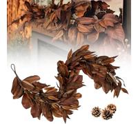 Brown Magnolia Leaf Garland, 9ft Realistic Magnolia Leaf Garland, Artificial Fall Magnolia Leaves Garlands with Pinecones, UV Resistant & Waterproof Fall Decorations for Home, Fireplace, Porch