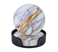 Brown Marble Decorative Round Coasters Drink Coasters With Holder 6 Pcs Table Protection Round Cup Mat Pad For Cup