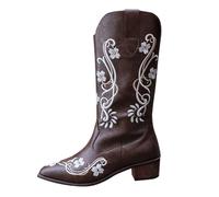 Brown Mid Calf Cowboy Boots for Women uk Ladies Chunky Heel Combat Boots Motorcycle Fashion Vintage Embroidered Western Boots Fall Travel Faux Leather Shoes Boot for Party Country Concert UK 4