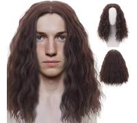 Brown Mid Length Curly Wig for Men - Adult Cosplay 70s 80s Synthetic Hair - Handsome Fluffy Soft Wave Layered Middle Part for Daily, Costume, Party, Halloween