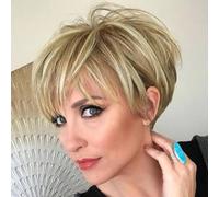 Brown Mixed Blonde Cut Short with Bangs Dark Roots Heat Resistant Synthetic for Women