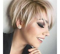 Brown Mixed Blonde Cut Short with Bangs Dark Roots Heat Resistant Synthetic for Women