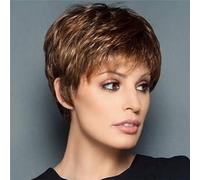 Brown Mixed Blonde Cut Short with Bangs Dark Roots Heat Resistant Synthetic for Women