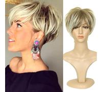 Brown Mixed Blonde Cut Short with Bangs Dark Roots Heat Resistant Synthetic for Women