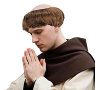 Brown Monk Wig Short Straight Hair, Wig Bald Head Cap with Brown Friar Hair Cut, Bald Head Cap Funny Hairpiece for Adults Men for Halloween Cosplay
