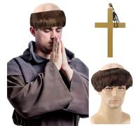 Brown Monk Wig with Cross Necklace, Friar Tonsure Costume Set Short Straight Hair, Men’s Funny Halloween Party Cosplay Accessory Bald Cap Wig