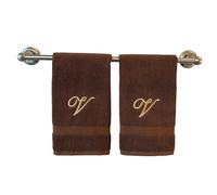 Brown Monogrammed Hand Towels for Bathroom - Luxury Hotel Quality Personalized Initial Embroidered Towel for Powder Room, Spa - GOTS Organic Certified - Set of 2 Beige Letter V