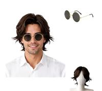 Brown Mullet Wig for Men, Wigs for Men with Retro Round Glasses, 70s 80s Accessories for Themed Parties and Costume Events, Brown Curly Wig and Gold Frame Grey Lenses Set