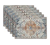 Brown Navy Blue Ethnic Boho Placemats Set of 6 Bohemian Carpet Vintage Gold Black Tan Floral Linen Washable Kitchen Dining Table Mats Stain Heat-Resistant Desktop Place Mats for Home Party 12x18 Inch