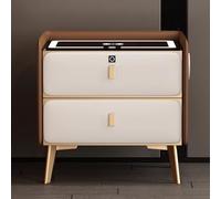 Brown Nightstand with Charging Port Bluetooth Speaker LED Lights Tempered Glass Top 2 Drawers Fingerprint Lock Modern Bedside Table 50x40x47cm