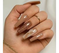 Brown Nude Coffin Press-On Nails with Glitter & Marble Accents - Elegant French Design Stick-On False Nails Kit for Women, Salon-Quality Fake No Needed, 24 Sizes Lightweight Comfy Wear Short False
