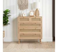 Brown Oak Chest Of 5 Drawers Rattan Mid Century Modern