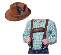 Brown Oktoberfest Hat + Authentic Oktoberfest Braces : Adult Mens Bavarian Beer Festival Fancy Dress Accessory Set