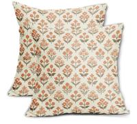 Brown Orange Floral Block Print Pillow Covers 16x16 Inch Set of 2, Vintage Flower Pattern Decorative Throw Pillowcases Outdoor Farmhouse Cushion Covers Spring Summer Rustic Sofa Couch Bed Decor