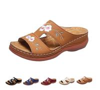 Brown Orthopedic Wedge Sandals For Women 2026,Hollow Out Open Toe Arch Support Sandal Flats Slip On Embroidered Flowers Vintage Slippers Wide Width Beach Walking Casual Dressy Summer Shoes Size 6.5