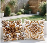 Brown Outdoor Cushions Waterproof Large Cushion Covers 60x60cm Garden Cushions Linen Pillow Case Pack of 2 Square Decorative Pillows with Invisible Zipper for Autumn Winter Summer Gift,Mandala lj-783
