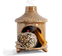 Brown Palo Santo Holder, Mini Ceramic Burner with Ash Catcher - Smudge Bowl for Sage Cones Candles, Yoga Meditation Spa Decor