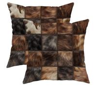 Brown Patchwork Faux Fur Pillow Covers Set of 2, Cozy Textured Animal Print Decorative Throw Cushion Cases for Winter Home Sofa Bed Couch Decor 20x20 Inch