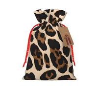 Brown Pattern Leopard Christmas Drawstring Gift Bags, Xmas Bags With Tags, Reusable Santa Wrapping Bag