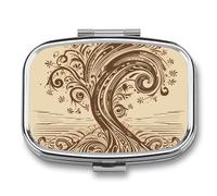 Brown Pattern Tree Pill Box - 2 Compartment Travel Pill Organizer with Small Mirror, Portable Pillcase for Pocket & Purse, Cute Square Medicine Case, Weekly Medicine Container