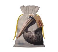 Brown pelican Christmas Gift Bags with Tags & Ribbon Ties, Xmas Drawstring Candy Treat Bag Christmas Gifts Sacks Reusable Gift Wrapping Bags for Holiday Party Favors Small
