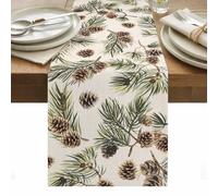 Brown Pine Cones Table Runner 13 x 108 Inch, Green Leaves Branch Vintage Linen Washable Cotton Linen Dining Table Runner Tabletop Decorations for Restaurant Home Kitchen Party
