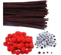 Brown Pipe Cleaners for Craft - 100 x 30cm Chenille Stems, 50 Red Pom Poms 17mm & Self Adhesive Googly Eyes | Kids B Crafty 350 Pack