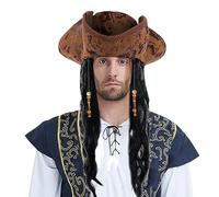 Brown Pirate Captain Tricorn Hat with Braids - Halloween Dreadlock Wig & Cosplay Accessory