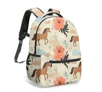Brown Pony Floral Kids Backpack 16 Inch School Rucksack All Over Print Horse Blue Cloud Hand Drawn Designer Bag (01)