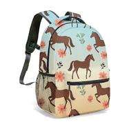 Brown Pony Floral Kids Backpack 16 Inch School Rucksack All Over Print Horse Blue Cloud Hand Drawn Designer Bag (02)