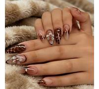 Brown Press on Nails Almond False Nails, Stick On Nails Brown, Almond Press On Nail with 3d Floral, Removable Glossy Artificial Nail Full Cover for Women and Girls