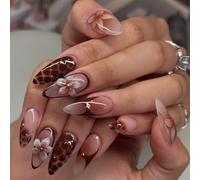 Brown Press on Nails Medium Almond Shape Fall Fake Nails with Designs Almond Artificial Acrylic 3D Flower False Nails Stick on Nail Autumn Glue on Nails for Women Nail Art Decorations