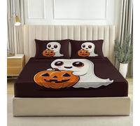 Brown Printed super king Size Fitted Sheet, Soft Brushed Microfiber With 30 cm Deep Pocket Fitted Bed Sheets, Cute Halloween Ghost Pumpkin Pattern Bedding set For Kids Aldult Room Decor, 180 x 200 cm