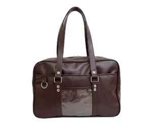 Brown PU Leather Itabag Japanese School Bag with Clear Display Pocket, Academy Style Single Shoulder Kawaii Bag for School, Travel, Daily