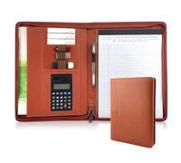 Brown PU Leather Padfolio with Calculator Zippered A4 for Job Interview