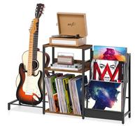 Brown Record Player Stand, Guitar Stand for Bass, Electric Guitar, Vinyl Record Shelf, Adjustable Guitar Stand for Acoustics, Can Store up to 150 Albums, Living Room, Bedroom