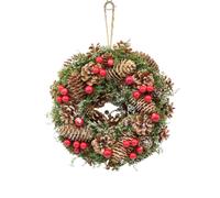 (Brown & Red Berries) 25cm Christmas Pinecone Wreath w/ Jute Hanger Decoration