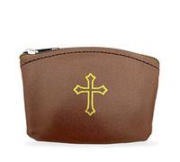 Brown Rosary Pouch with Zipper & Gold St. Thomas Cross Imprint | Compact Leatherette Rosary Case for Small to Medium Rosaries | Protective Travel Rosary Holder for Men & Women