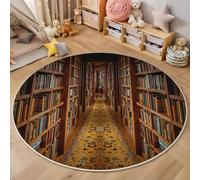 Brown Round Rug 100cm, Machine Washable & Non-Slip Low Pile Realism Reading Circle Carpet, Soft Bookshelf Books Area Rugs for Bedroom Nursery Kitchen Dinning Room Entryway