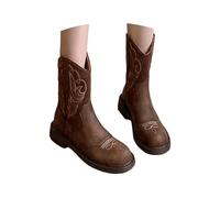 Brown Round Toe Cowboy Boots for Women Cowgirl Ankle Western Embroidered Stitched Chunky Heels Calf Length Booties Ladies Fashion Retro Classic Booties Chunky Heels Brown Black Footwear Gift UK 3.5