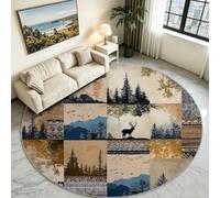 Brown Rustic Animal Round Rug 90 cm, Patchwork Washable Hallway Carpet | Low Profile Anti-Skid Circle Runner, Bear Deer Pine Mountain Floor Mat for Entryway, High Traffic Hall & Cabin